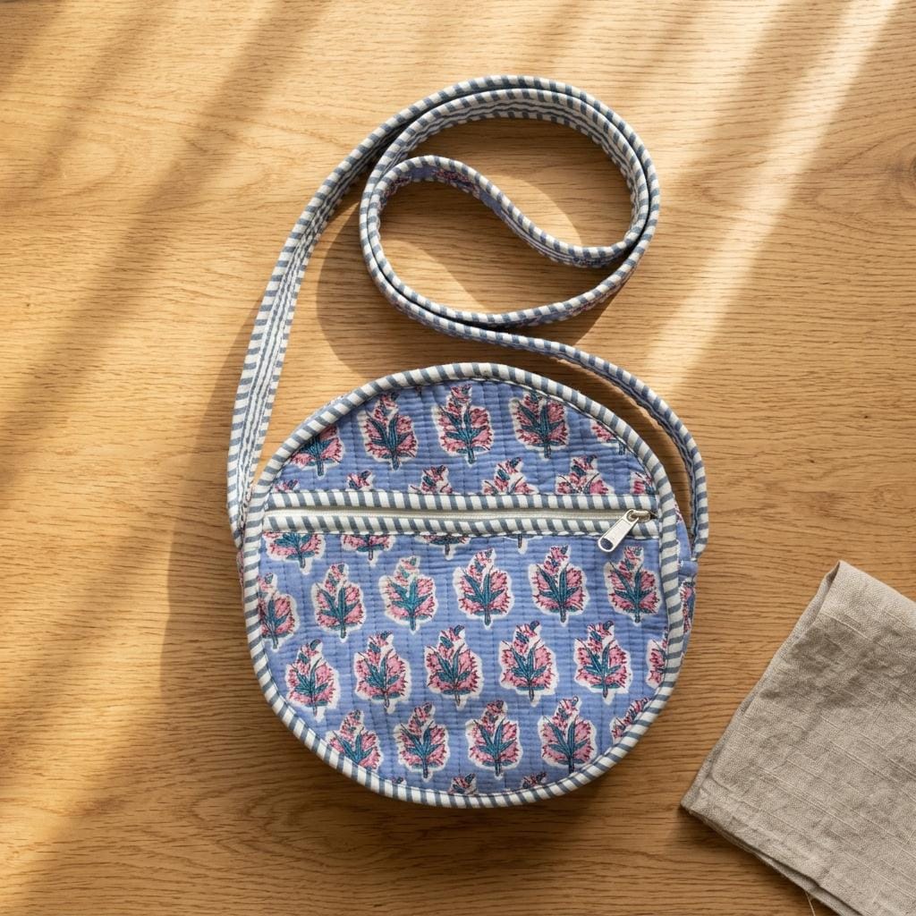 Quilted Blue Floral Cotton Crossbody Bag Round Circle Shoulder Purse Hand Block Print Gift