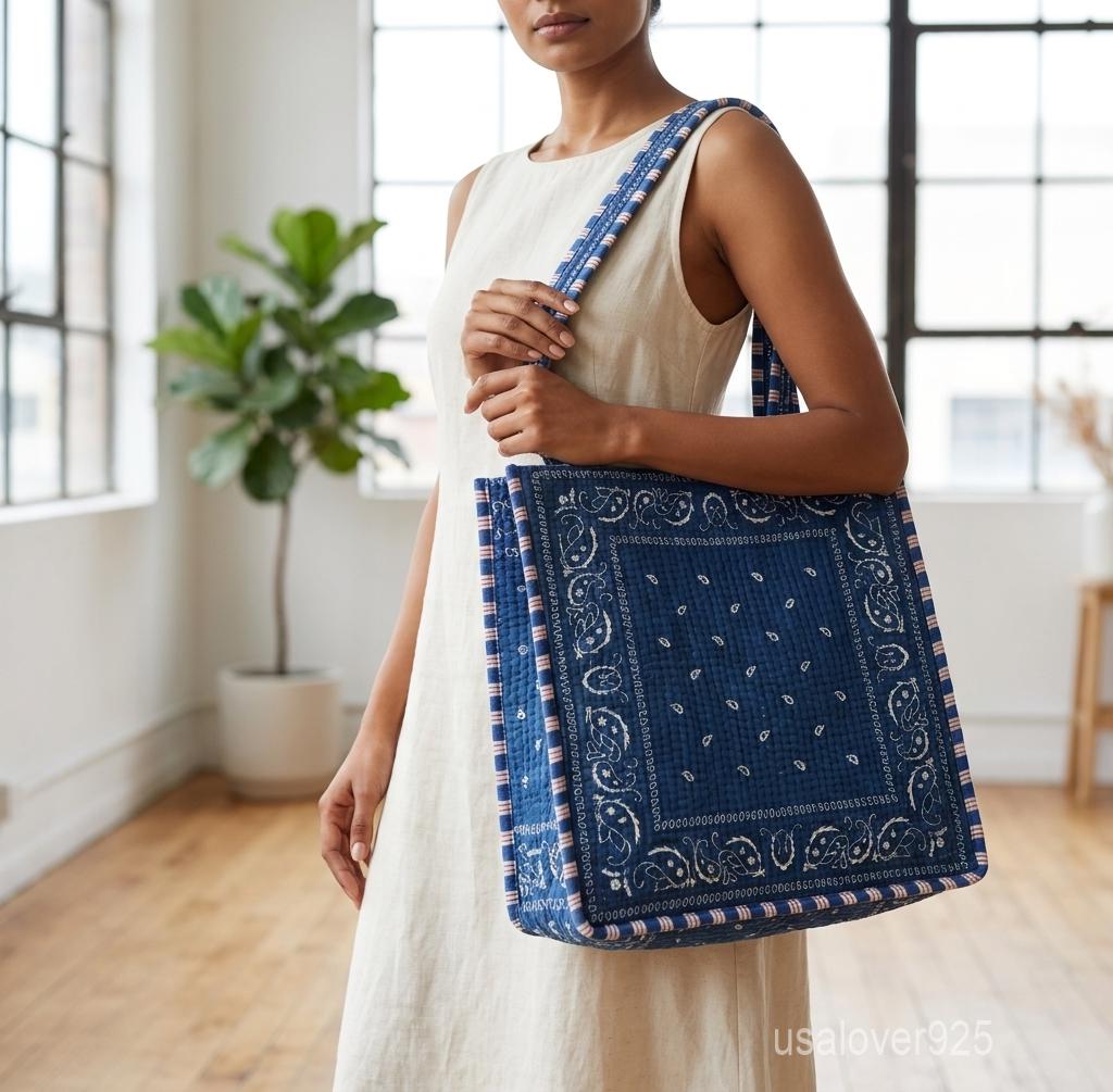 Blue Bandana Quilted Cotton Tote Bag with Paisley Print and Double Shoulder Straps