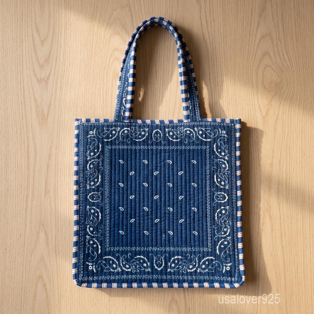 Blue Bandana Quilted Cotton Tote Bag with Paisley Print and Double Shoulder Straps