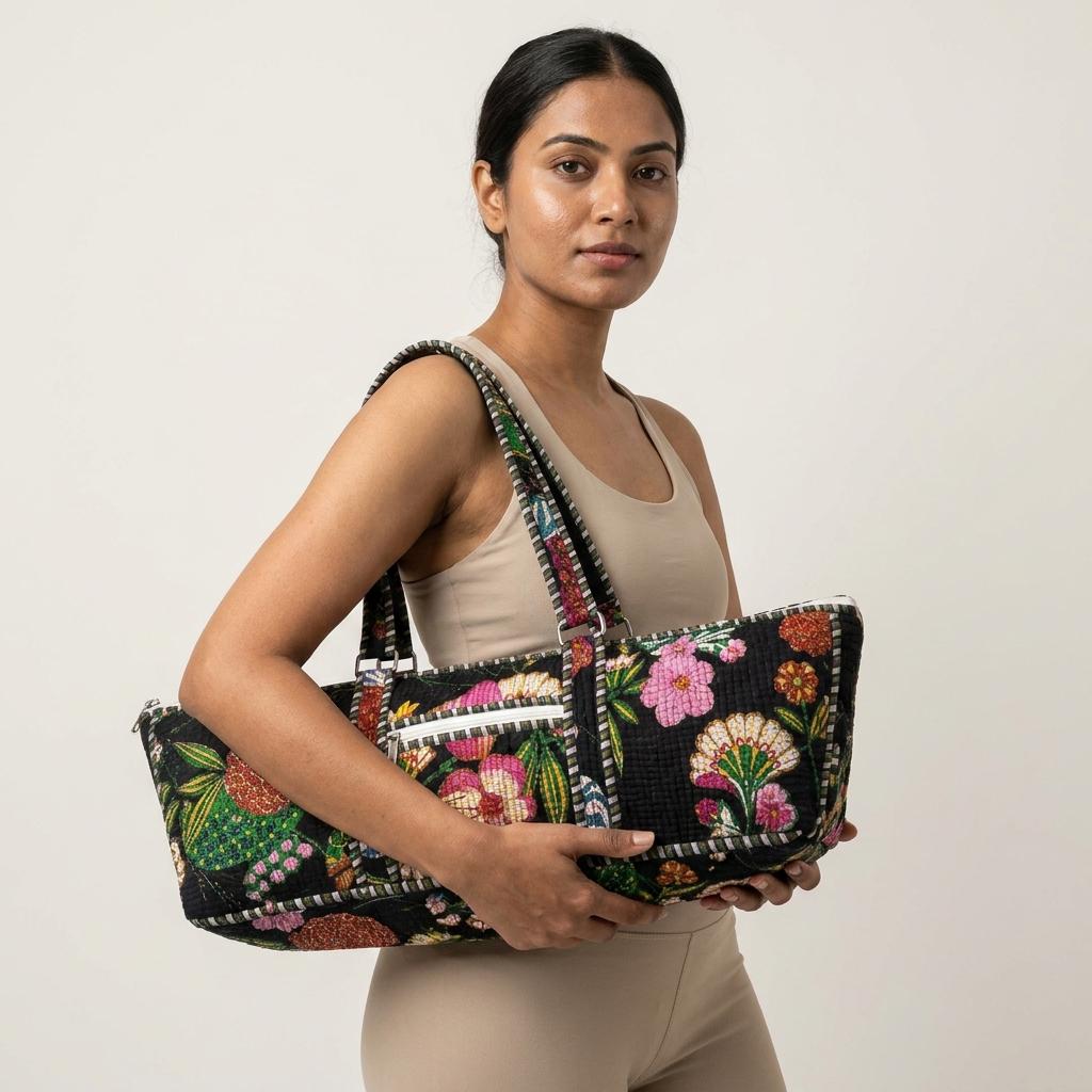 Quilted Black Floral Cotton Yoga Mat Bag Handmade Pilates Carrier Tote Gift For Her
