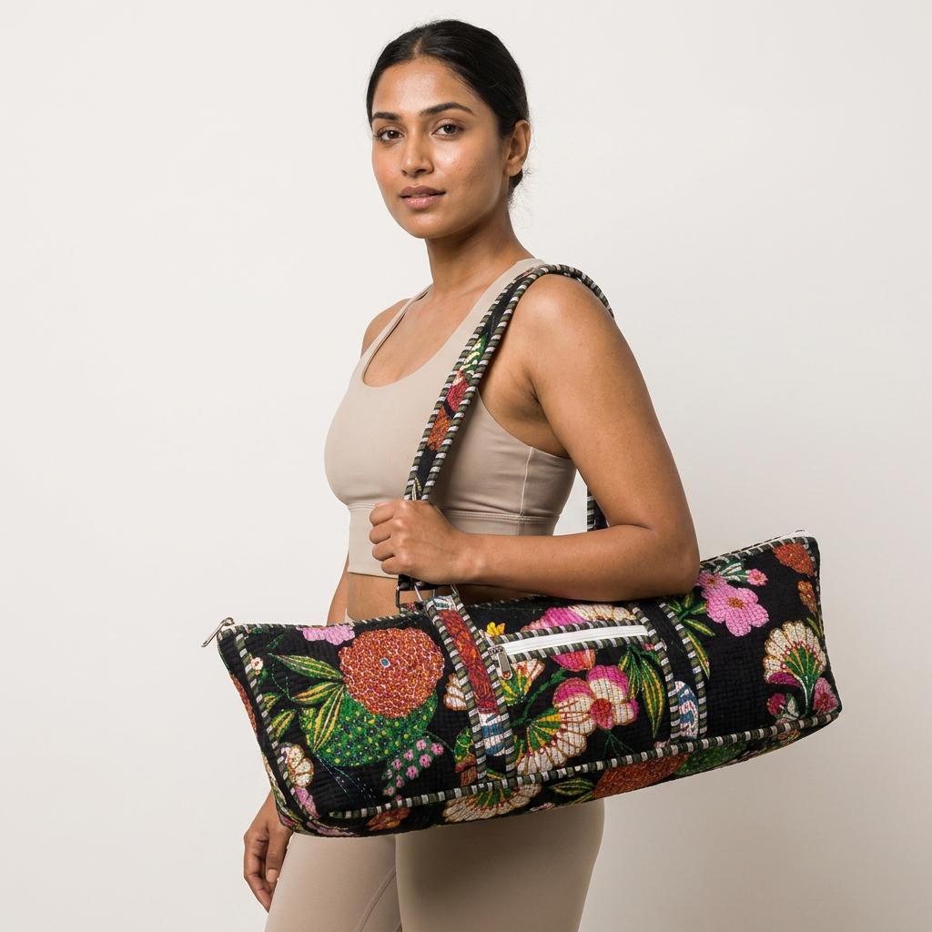 Quilted Black Floral Cotton Yoga Mat Bag Handmade Pilates Carrier Tote Gift For Her