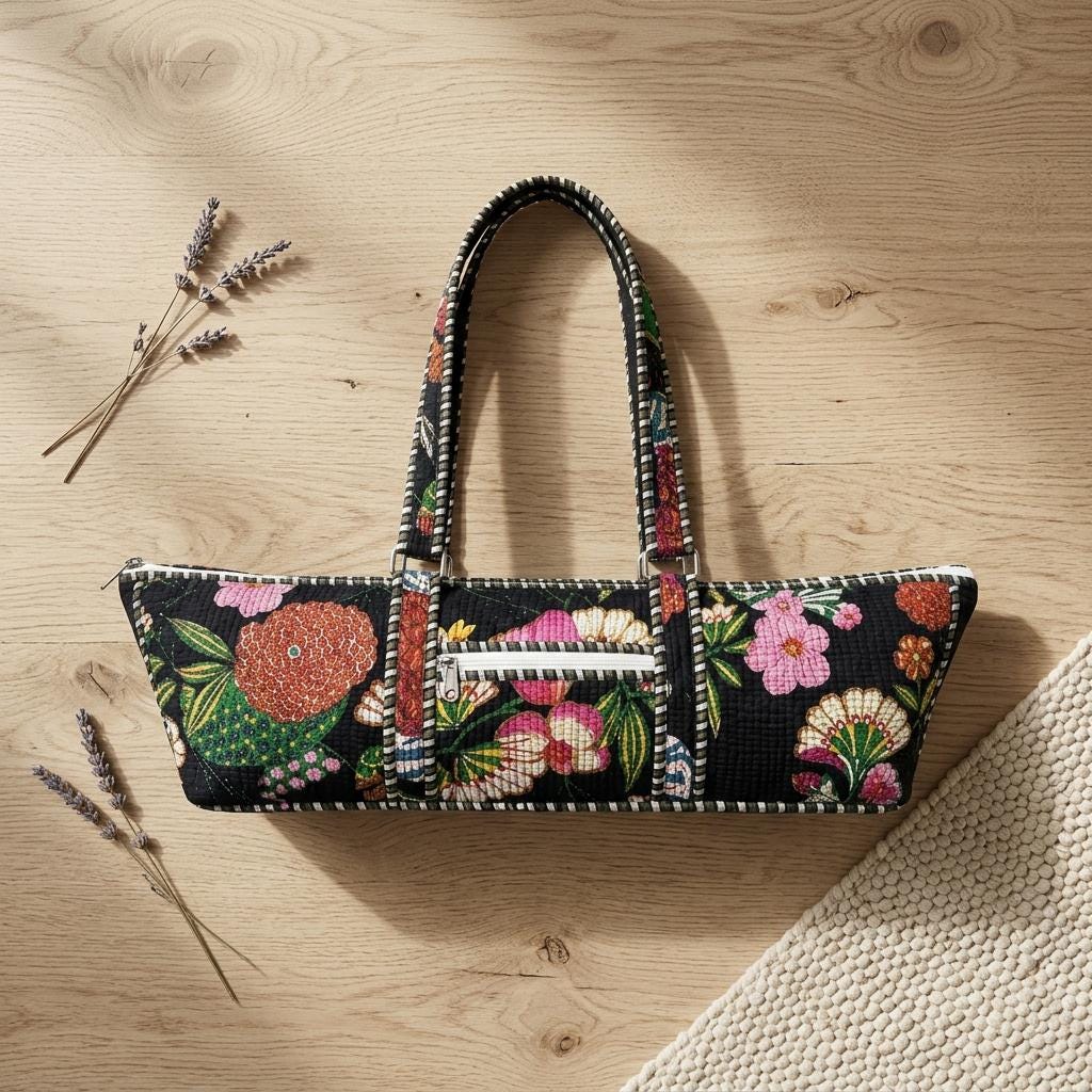 Quilted Black Floral Cotton Yoga Mat Bag Handmade Pilates Carrier Tote Gift For Her