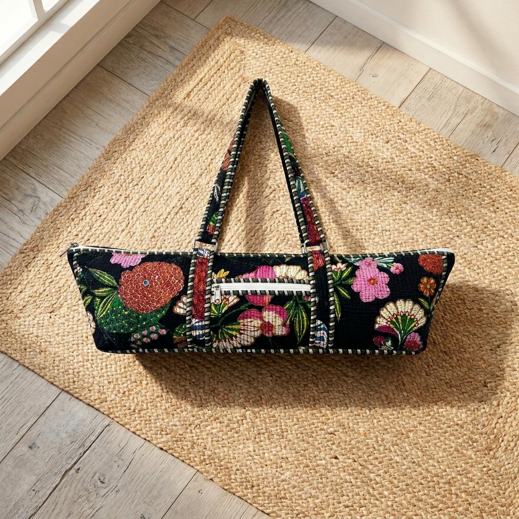 Quilted Black Floral Cotton Yoga Mat Bag Handmade Pilates Carrier Tote Gift For Her