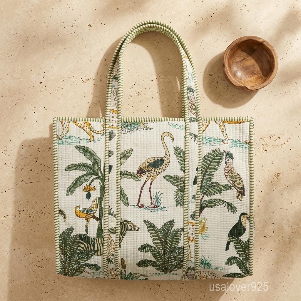 Jungle Theme Quilted Cotton Tote Bag with Wildlife Block Print and Shoulder Handles