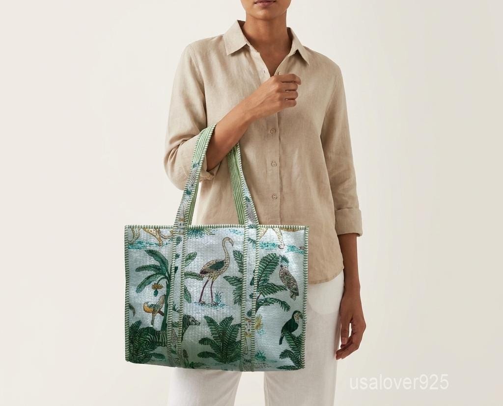 Jungle Theme Quilted Cotton Tote Bag with Wildlife Block Print and Shoulder Handles