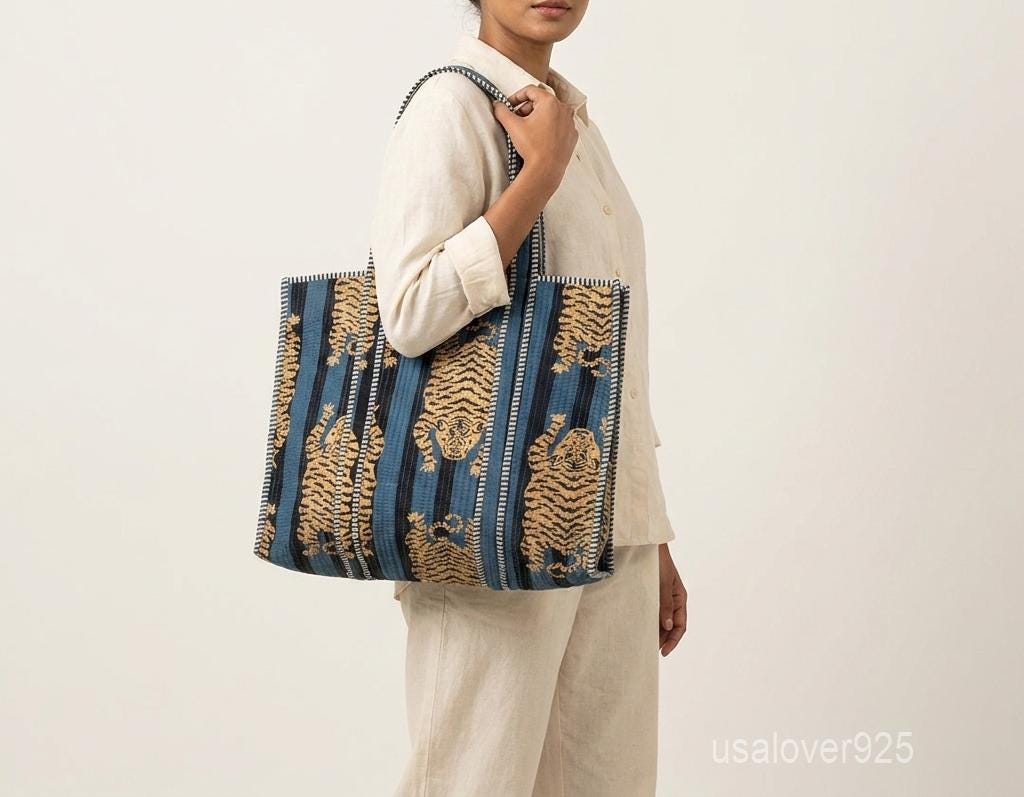 Blue Tiger Quilted Cotton Tote Bag, Handcrafted Shoulder Shopper, Striped Animal Travel Handbag