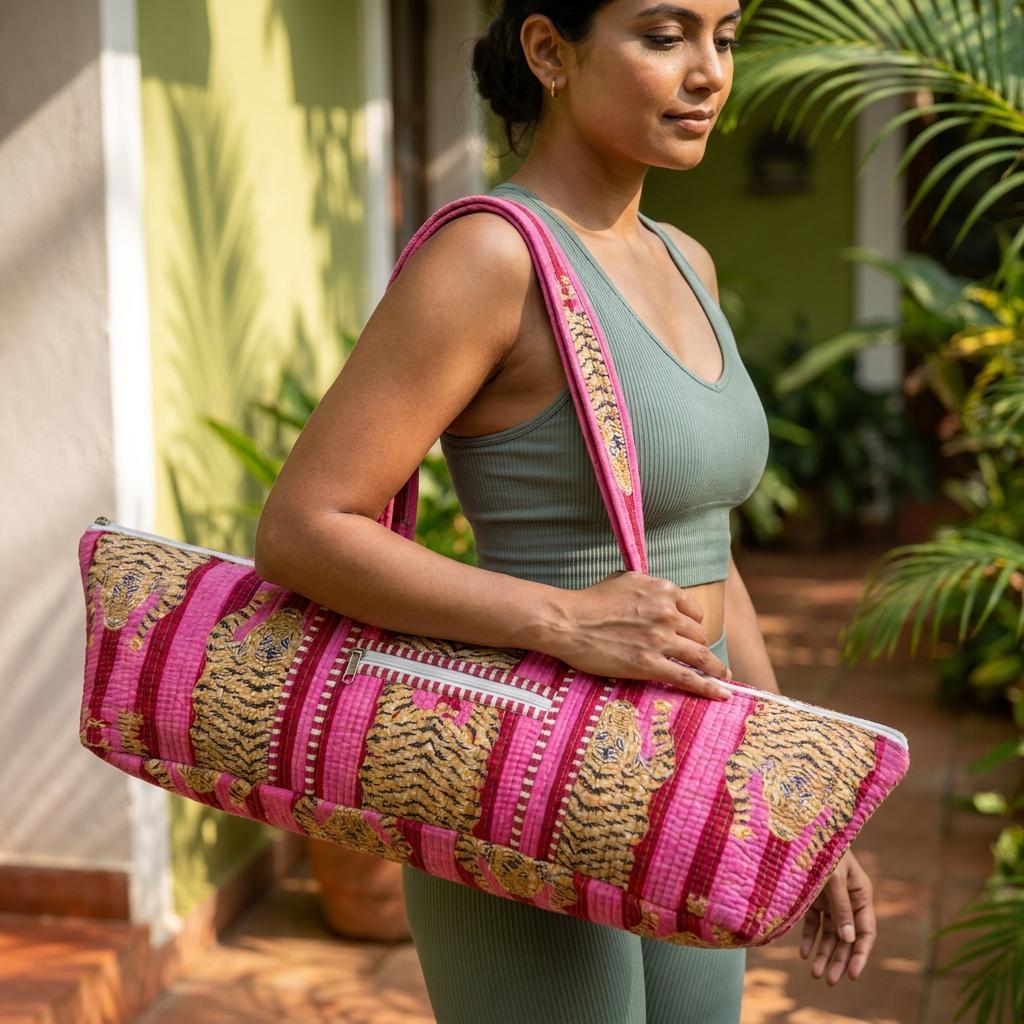 Quilted Pink Tiger Cotton Yoga Mat Bag Handmade Pilates Carrier Tote Gift For Her