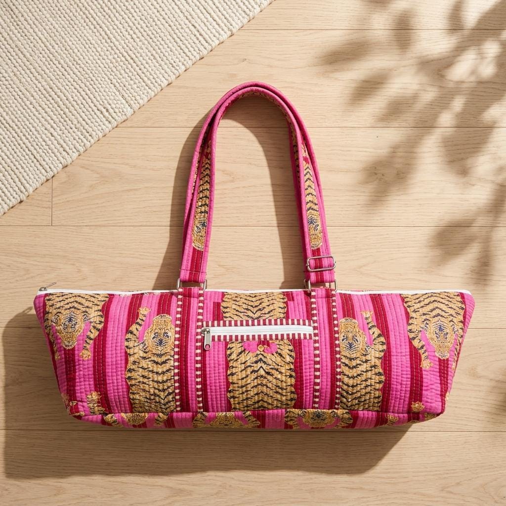 Quilted Pink Tiger Cotton Yoga Mat Bag Handmade Pilates Carrier Tote Gift For Her