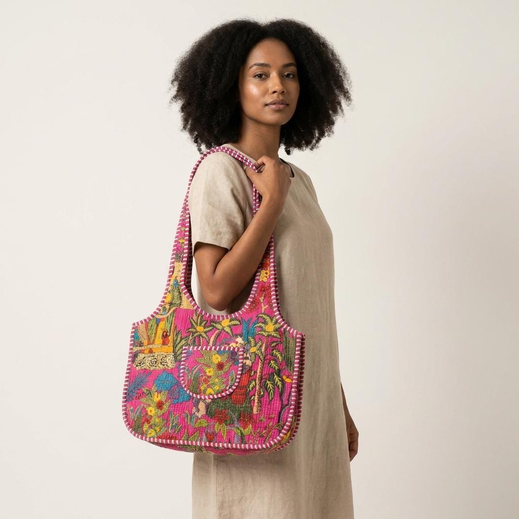 Quilted Pink Floral Cotton Tote Bag Handmade Shoulder Market Purse Gift For Her