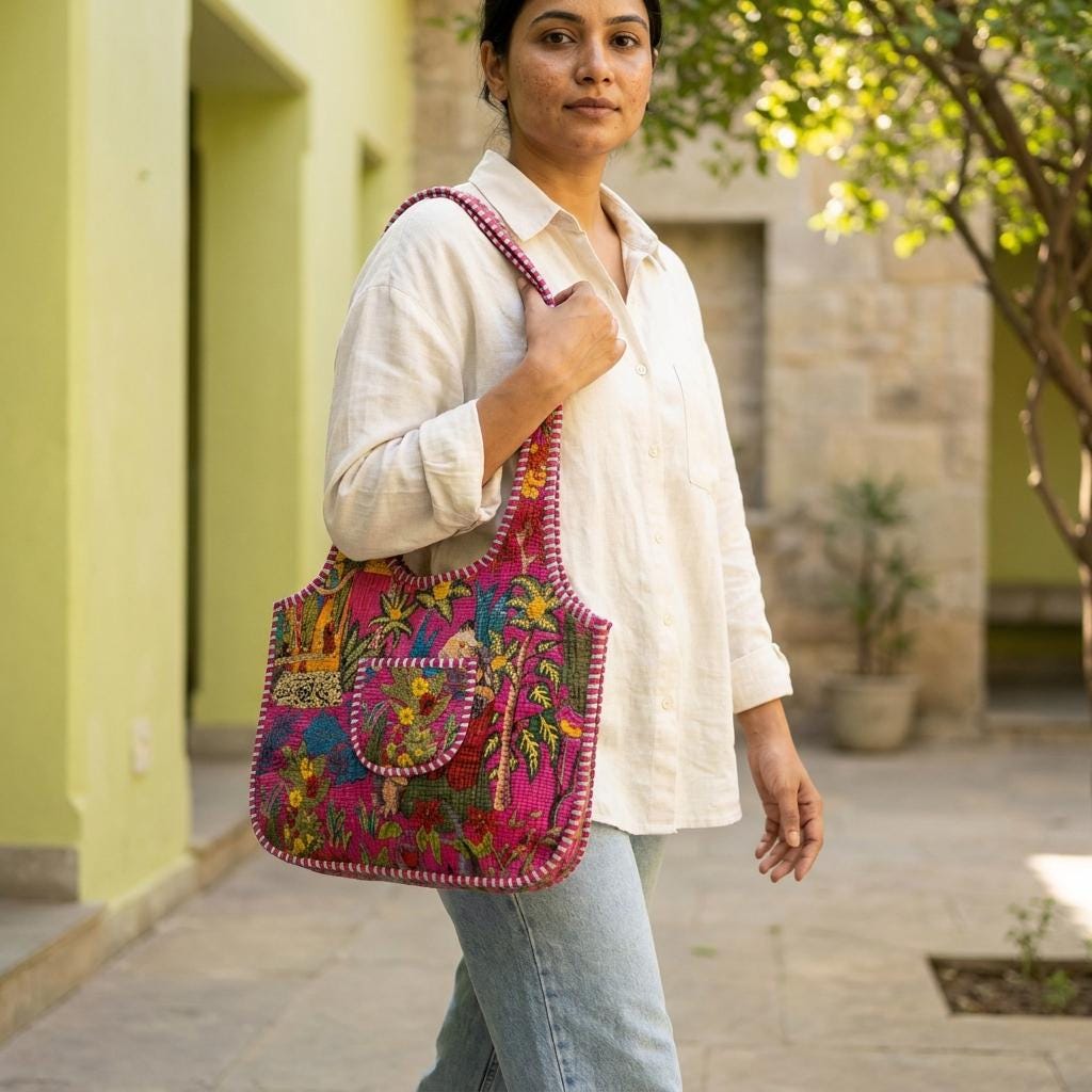 Quilted Pink Floral Cotton Tote Bag Handmade Shoulder Market Purse Gift For Her