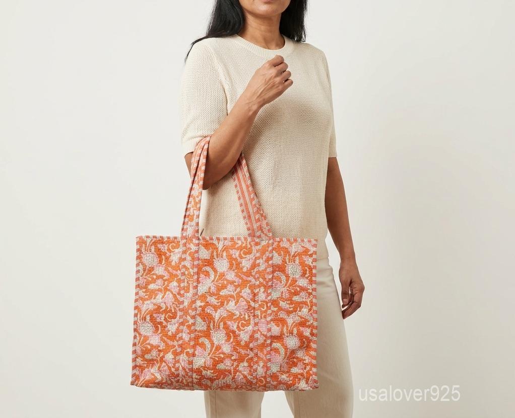 Orange Floral Quilted Cotton Tote Bag, Handcrafted Shoulder Shopper, Rust Flower Travel Handbag