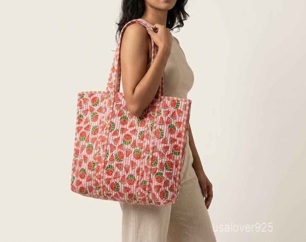 Red Watermelon Quilted Cotton Tote Bag, Handcrafted Shoulder Shopper, Striped Fruit Travel Handbag