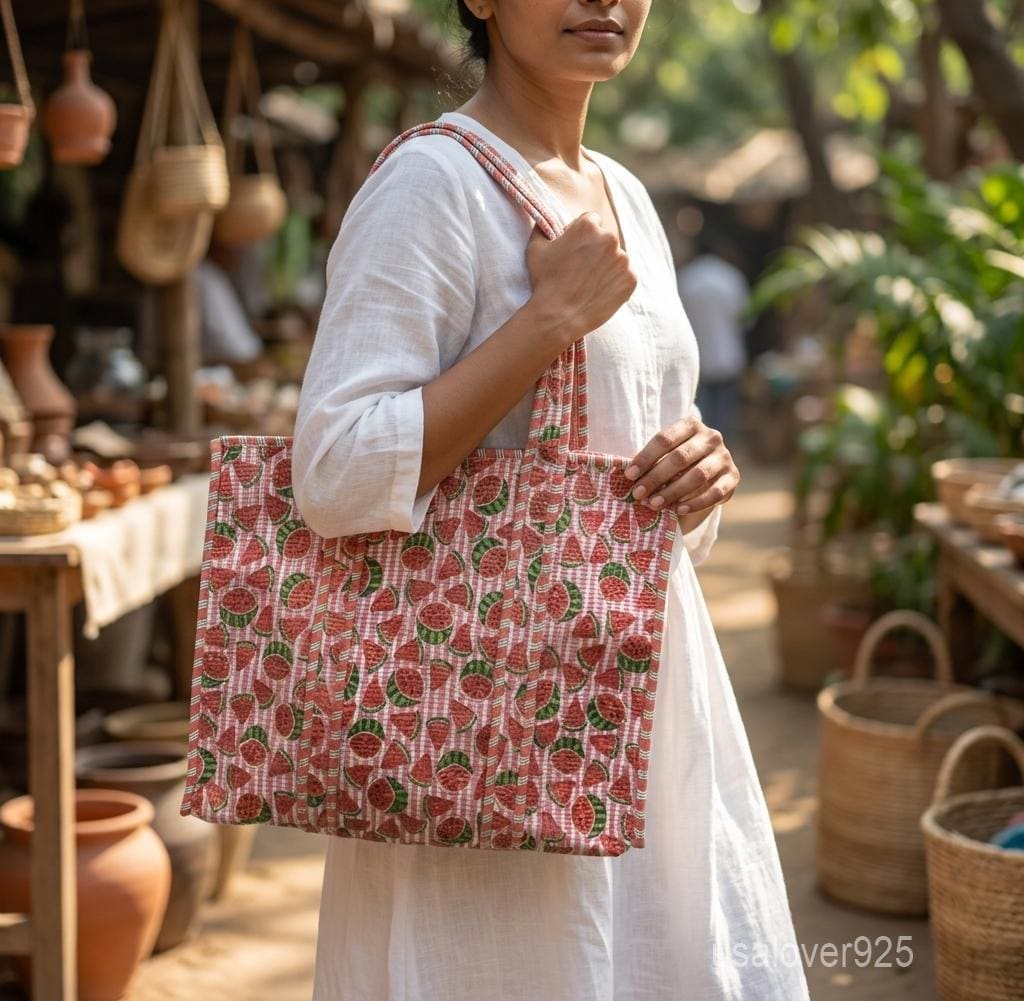 Red Watermelon Quilted Cotton Tote Bag, Handcrafted Shoulder Shopper, Striped Fruit Travel Handbag