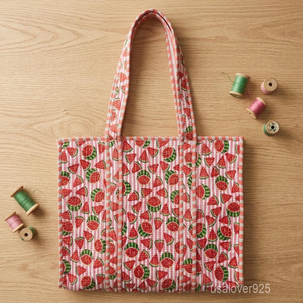 Red Watermelon Quilted Cotton Tote Bag, Handcrafted Shoulder Shopper, Striped Fruit Travel Handbag