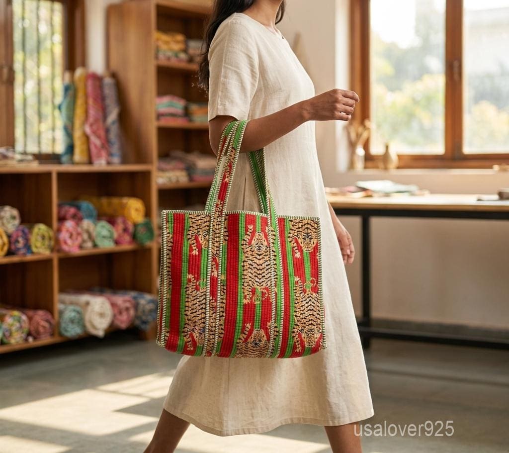 Red Tiger Quilted Cotton Tote Bag, Handcrafted Shoulder Shopper Purse, Green Striped Travel Carrier