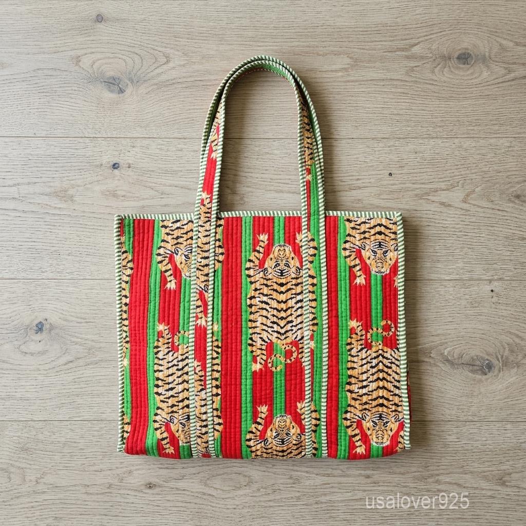 Red Tiger Quilted Cotton Tote Bag, Handcrafted Shoulder Shopper Purse, Green Striped Travel Carrier