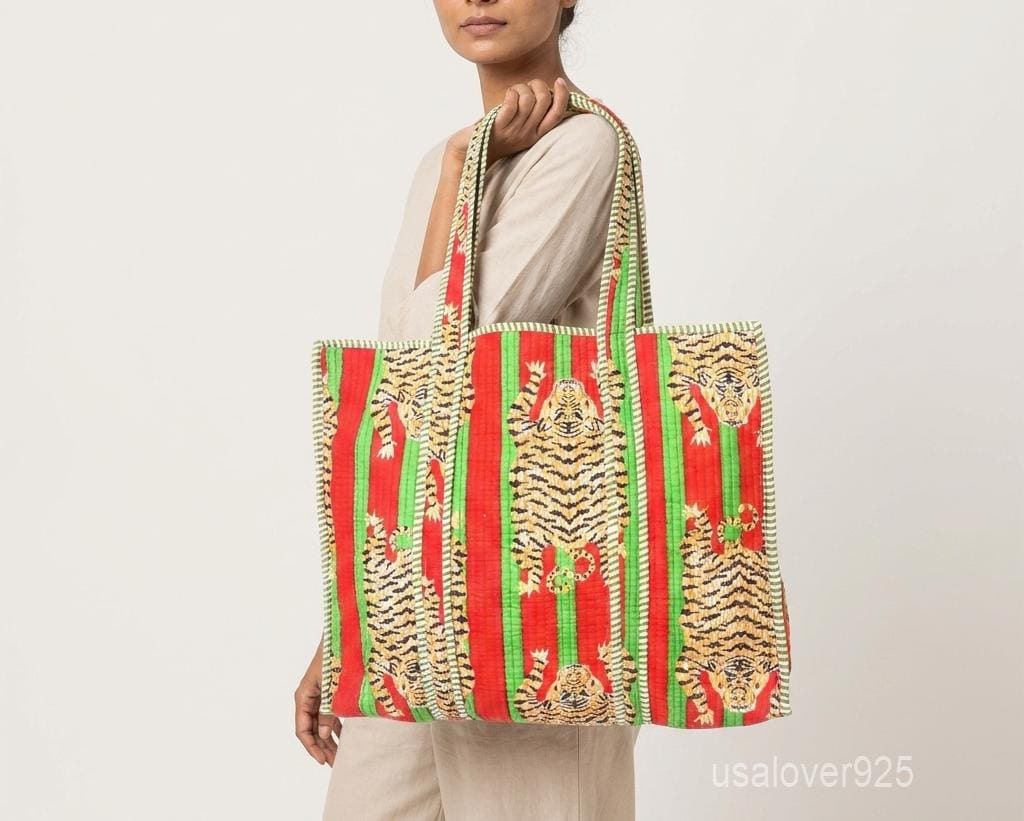 Red Tiger Quilted Cotton Tote Bag, Handcrafted Shoulder Shopper Purse, Green Striped Travel Carrier