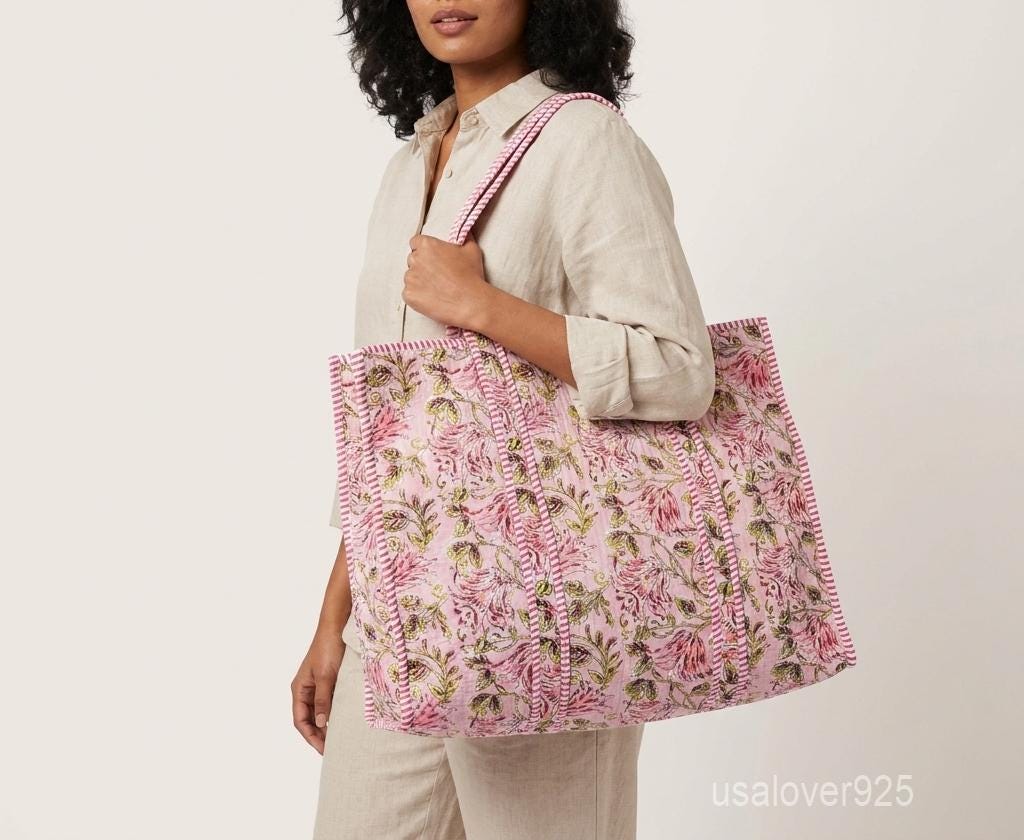 Quilted Cotton Tote Bag with Artisan Pattern Prints and Large Shoulder Handles