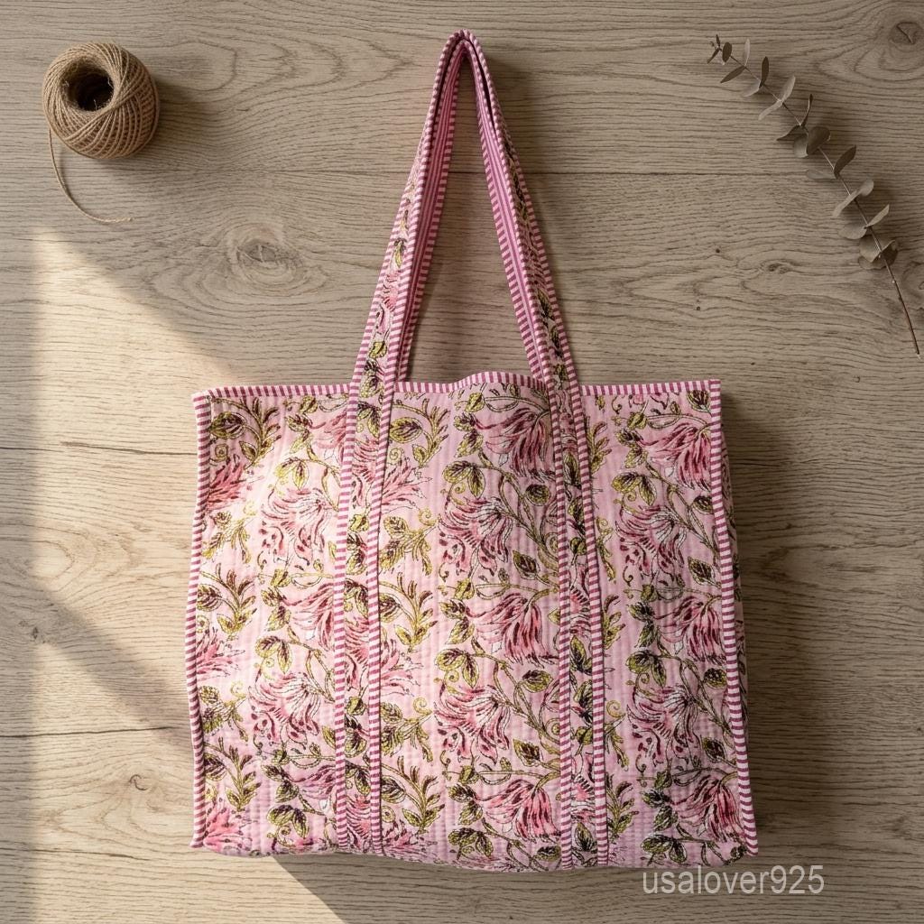 Quilted Cotton Tote Bag with Artisan Pattern Prints and Large Shoulder Handles