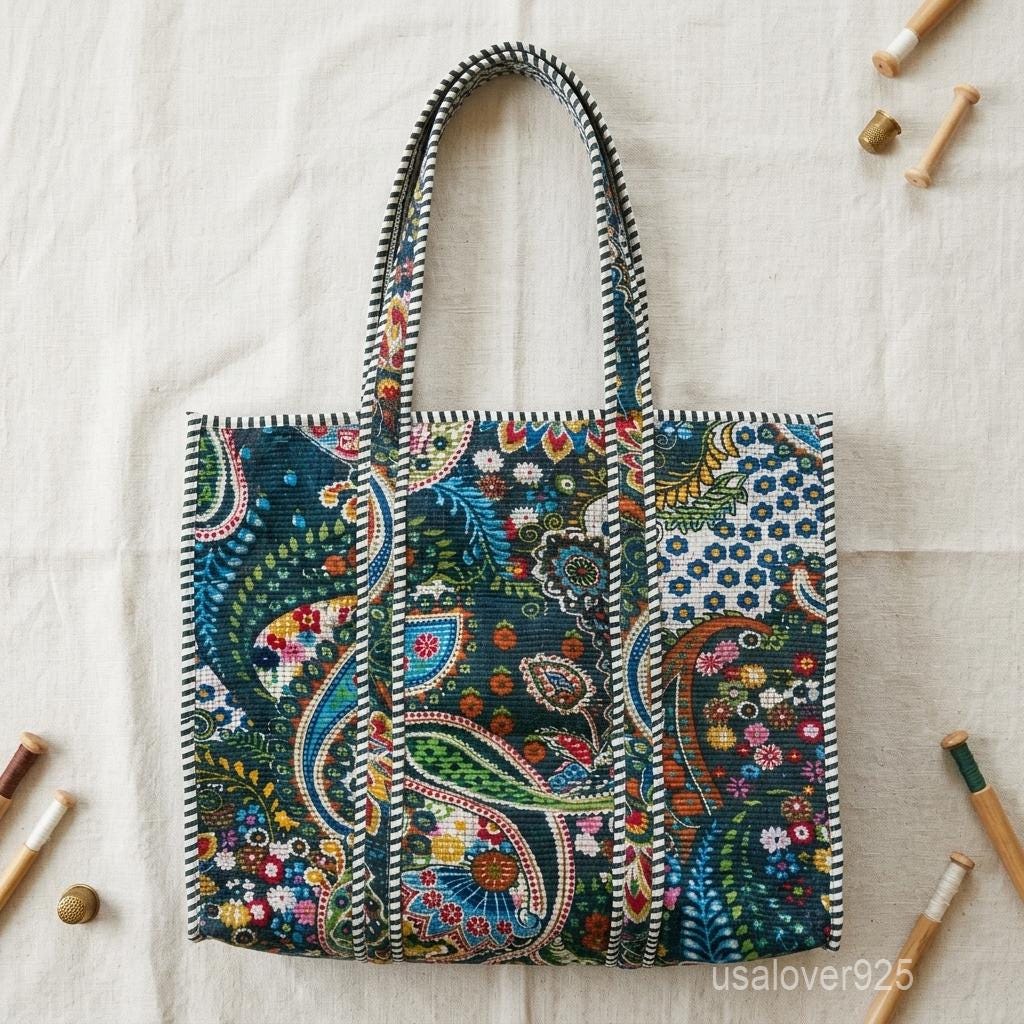 Quilted Paisley Cotton Tote Bag with Floral Hand Print and Inner Pocket