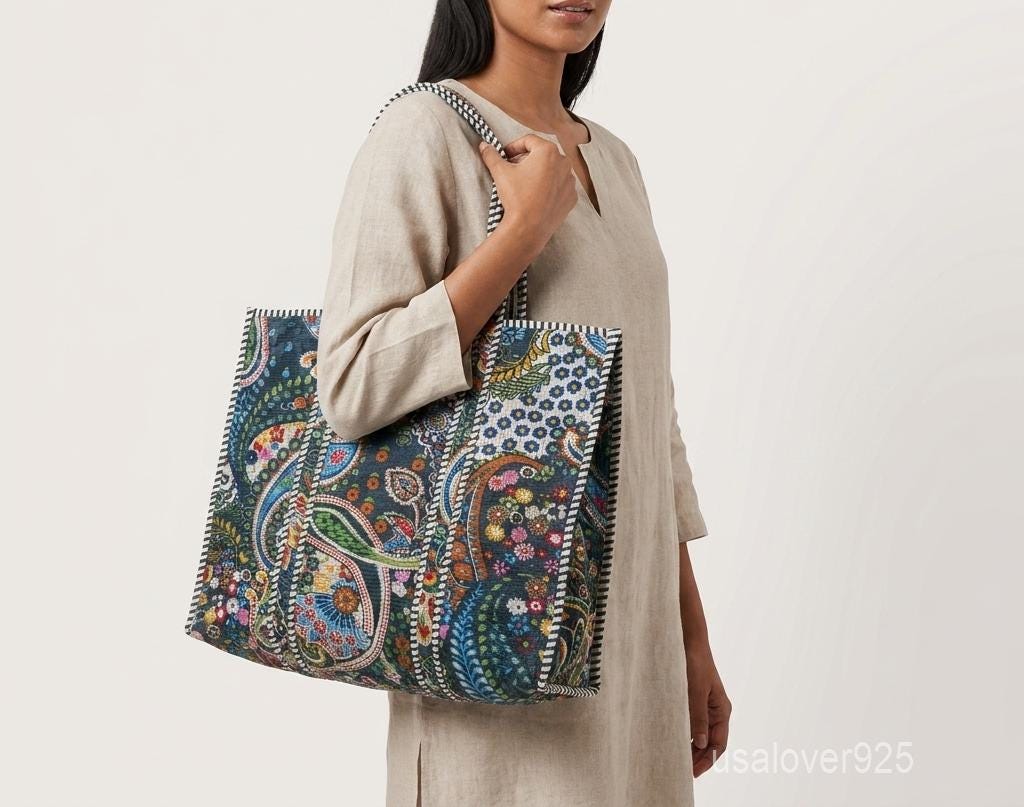 Quilted Paisley Cotton Tote Bag with Floral Hand Print and Inner Pocket