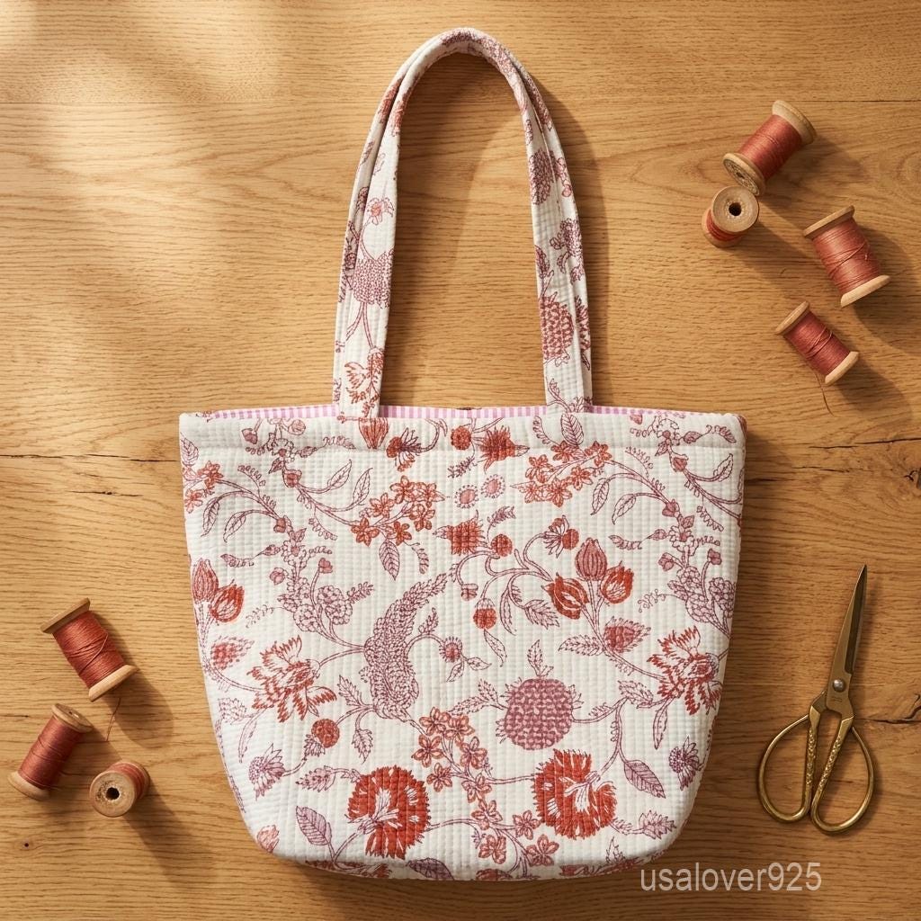 Floral Quilted Cotton Tote Bag with Jaipuri Block Print and Magnet Closure