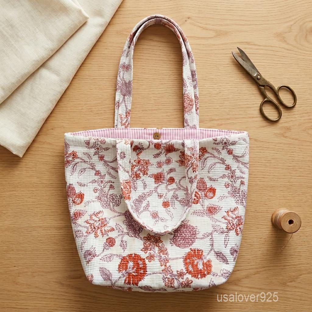 Floral Quilted Cotton Tote Bag with Jaipuri Block Print and Magnet Closure