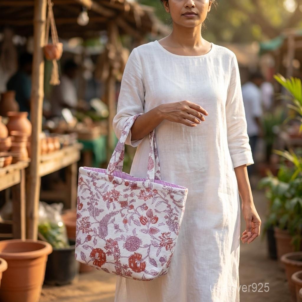 Floral Quilted Cotton Tote Bag with Jaipuri Block Print and Magnet Closure