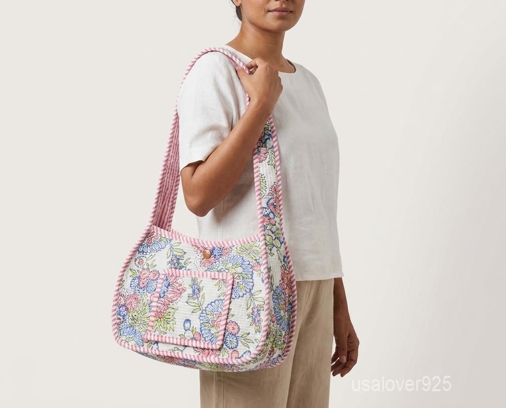 Colorful Pastel Floral Quilted Cotton Shoulder Bag with Front Pocket and Magnetic Snap