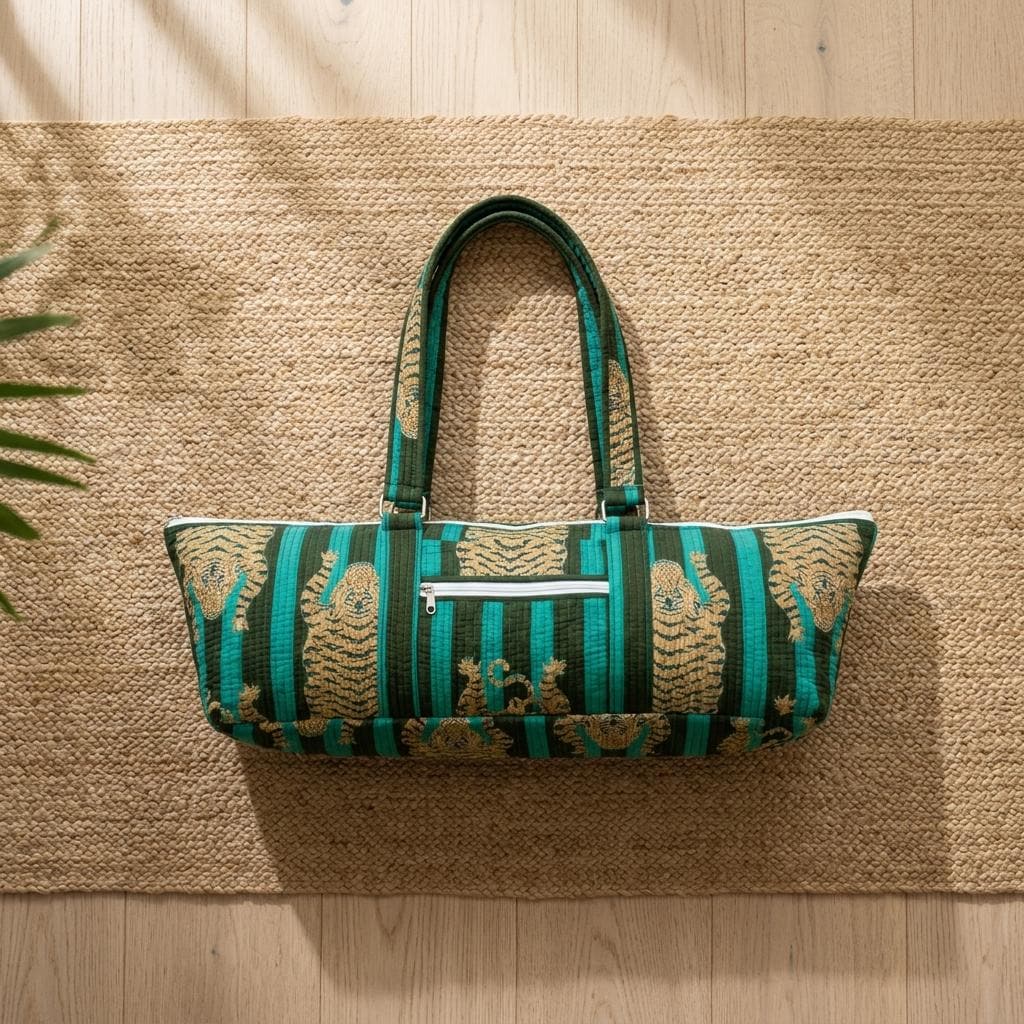 Quilted Green Tiger Cotton Yoga Mat Bag Handmade Pilates Carrier Tote Gift For Her