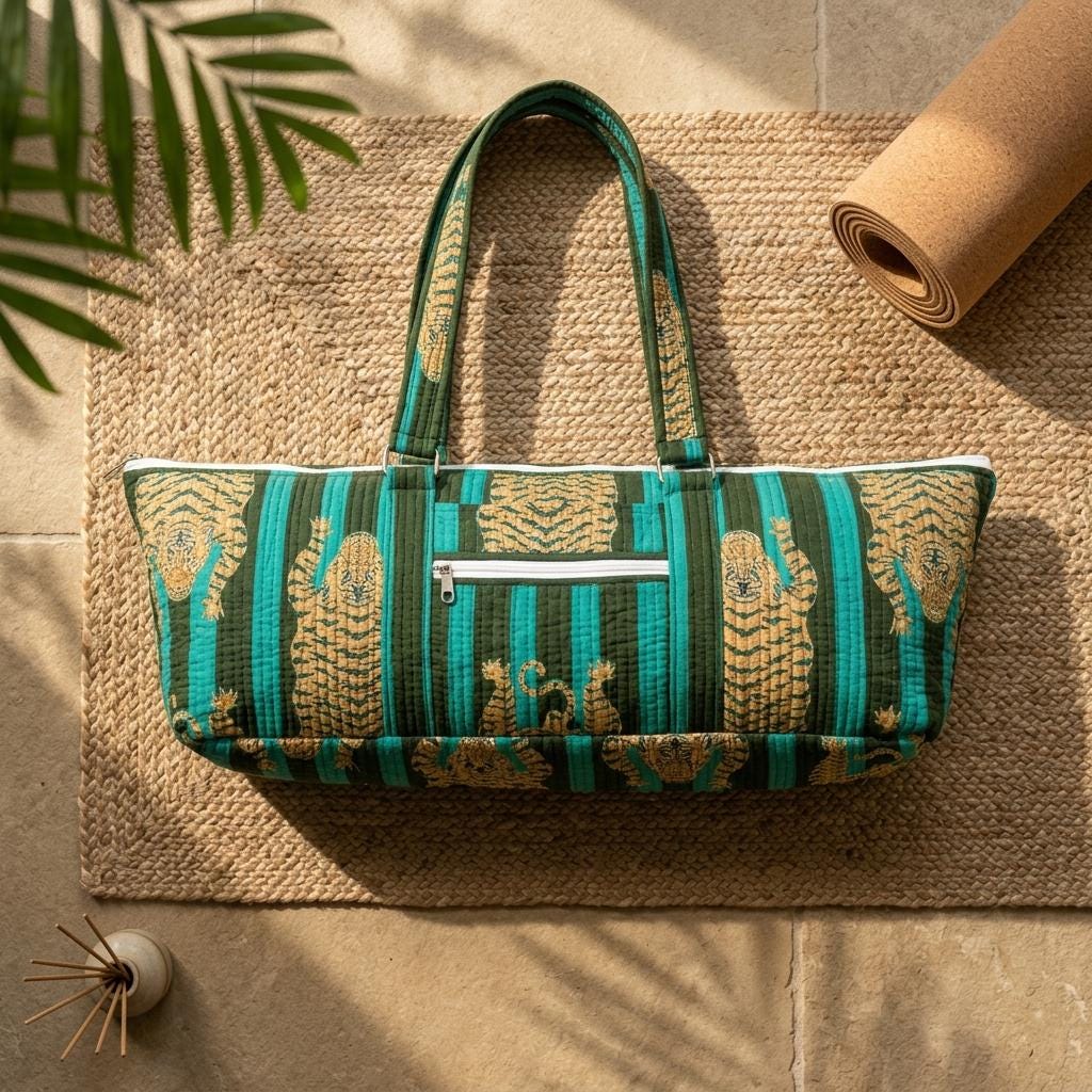 Quilted Green Tiger Cotton Yoga Mat Bag Handmade Pilates Carrier Tote Gift For Her