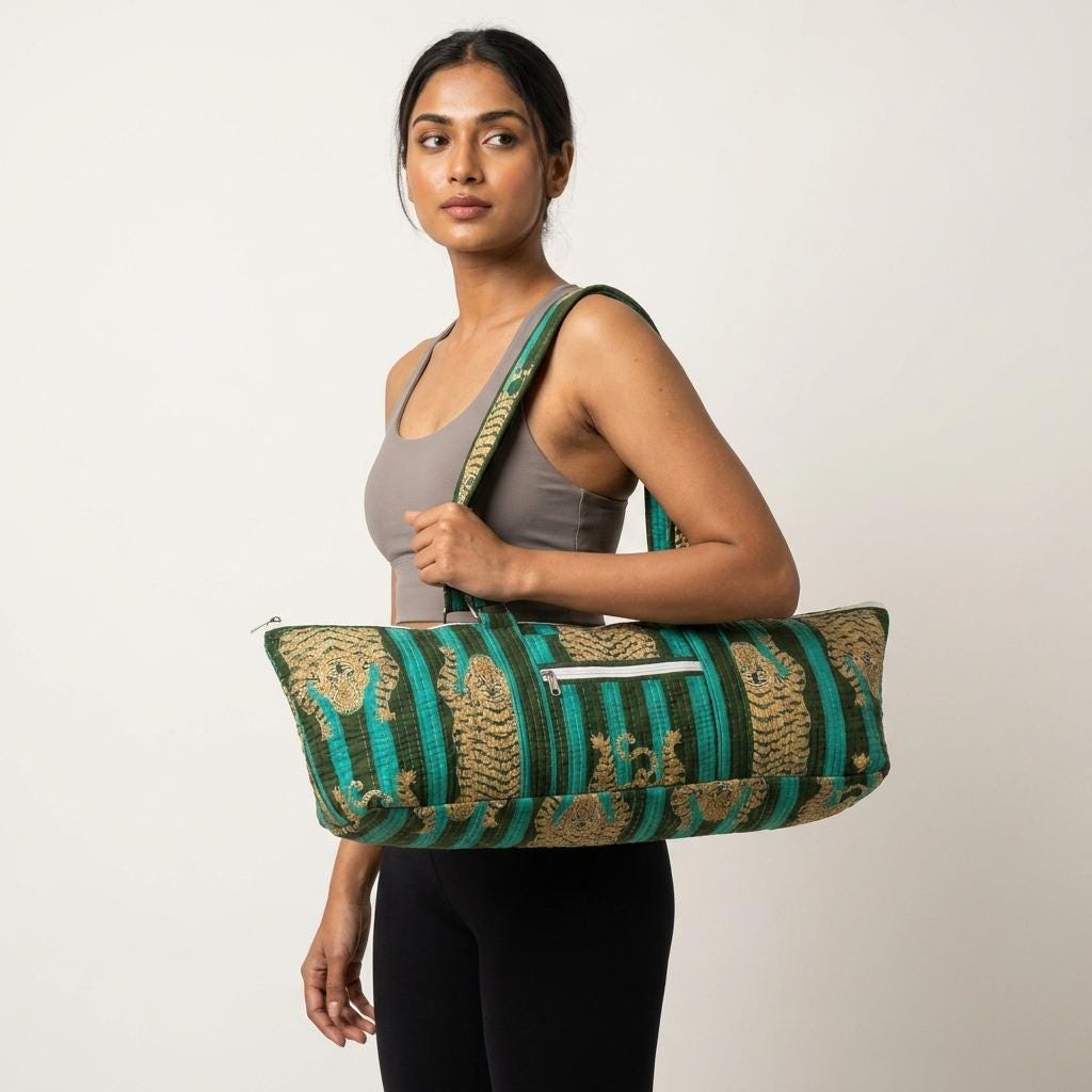 Quilted Green Tiger Cotton Yoga Mat Bag Handmade Pilates Carrier Tote Gift For Her