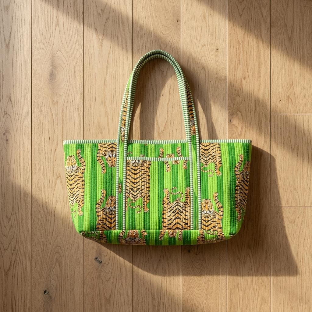 Quilted Green Tiger Cotton Yoga Tote Bag Handmade Shoulder Market Mat Carrier Gift