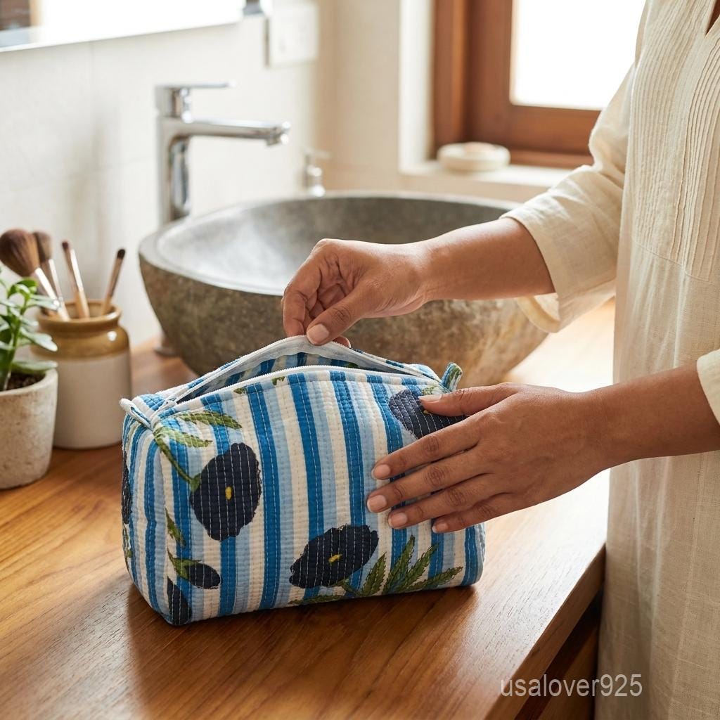 Blue Floral Quilted Cotton Toiletry Bags Set of 3 with Waterproof Plastic Lining