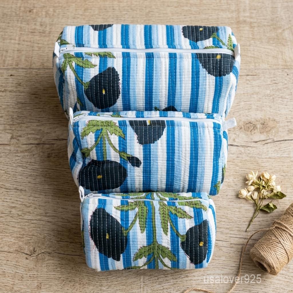 Blue Floral Quilted Cotton Toiletry Bags Set of 3 with Waterproof Plastic Lining