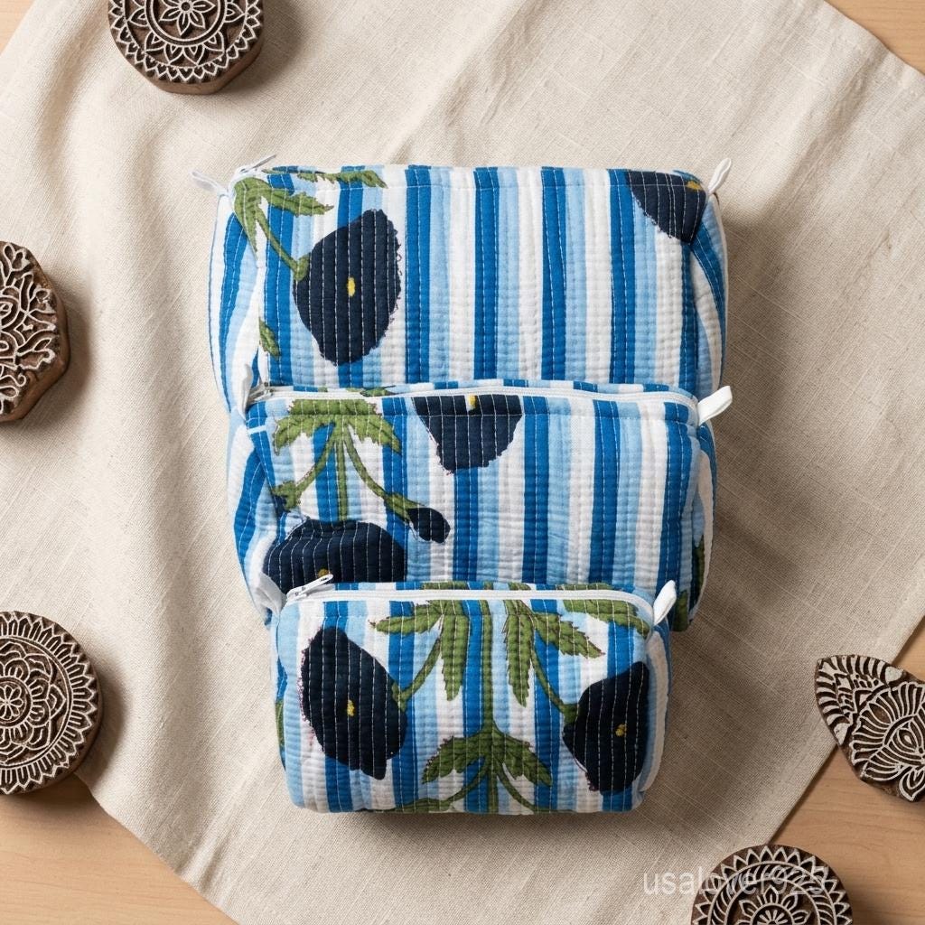 Blue Floral Quilted Cotton Toiletry Bags Set of 3 with Waterproof Plastic Lining