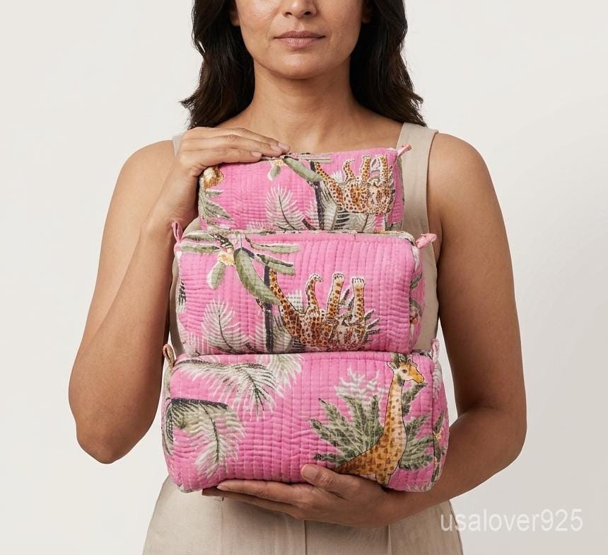 Pink Floral Quilted Cotton Toiletry Bags Set of 3 with Waterproof Plastic Lining