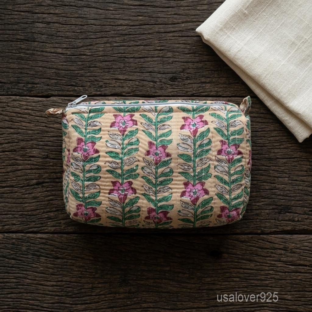 Beige Floral Quilted Cotton Toiletry Bags Set of 3 with Waterproof Plastic Lining