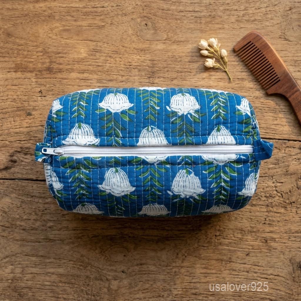 Blue Block Print Quilted Cotton Toiletry Bags Set of 3 with Waterproof Lining