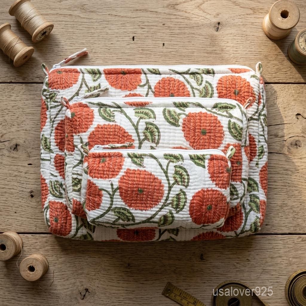 Red Block Print Quilted Cotton Toiletry Bags Set of 3 with Waterproof Lining Beads