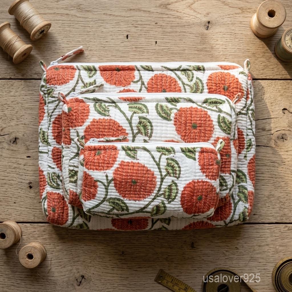 Red Block Print Quilted Cotton Toiletry Bags Set of 3 with Waterproof Lining Beads