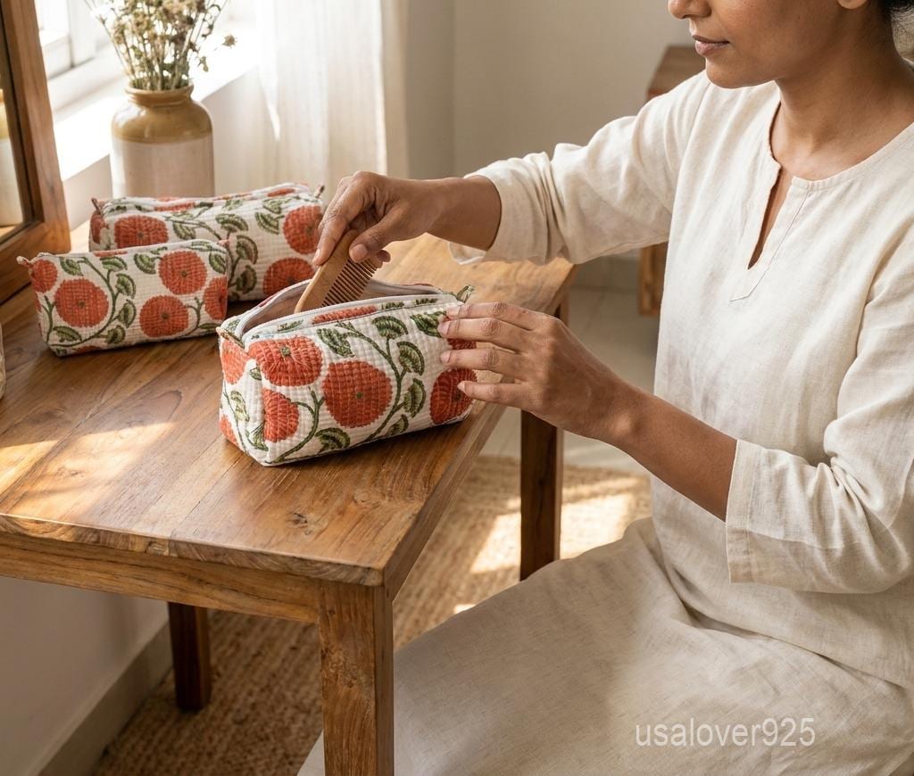 Red Block Print Quilted Cotton Toiletry Bags Set of 3 with Waterproof Lining Beads