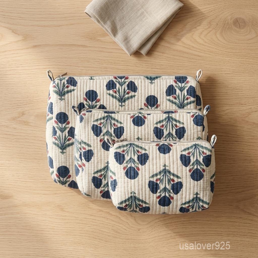 White Floral Quilted Cotton Toiletry Bags Set of 3 with Waterproof Plastic Lining