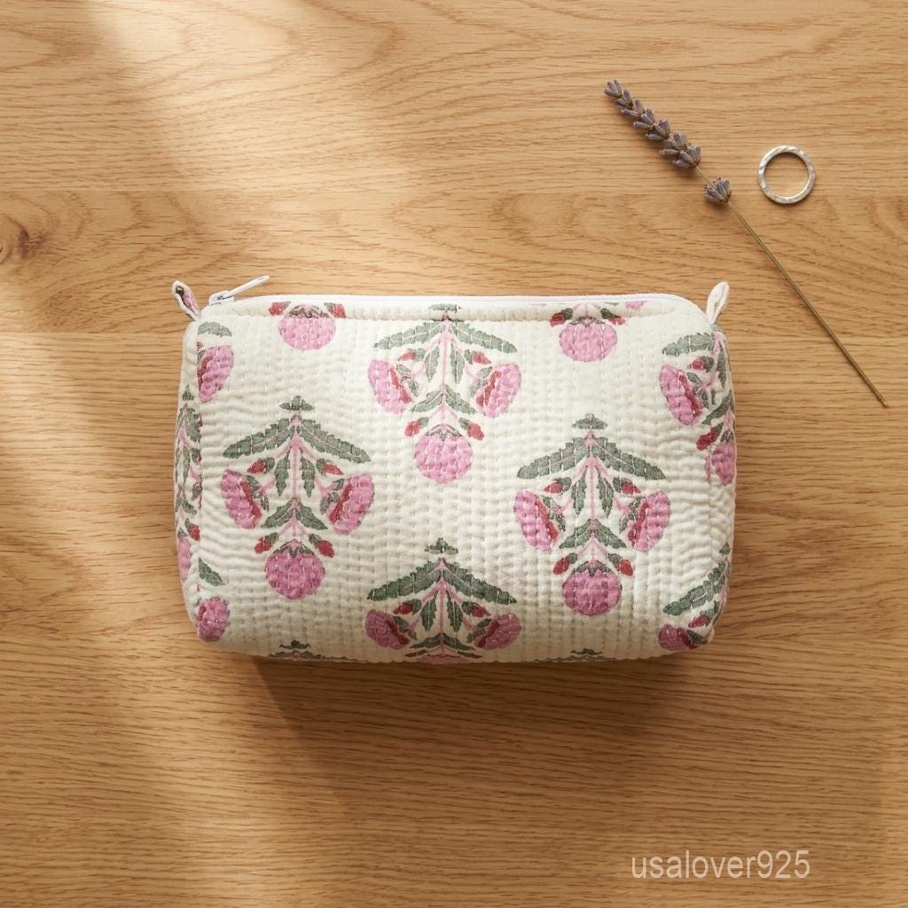 White Block Print Quilted Cotton Toiletry Bags Set of 3 with Waterproof Lining Beads