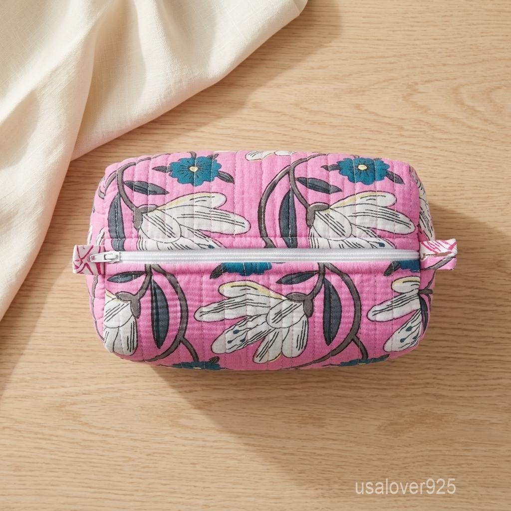 Pink Floral Quilted Cotton Toiletry Bags Set of 3 with Waterproof Plastic Lining
