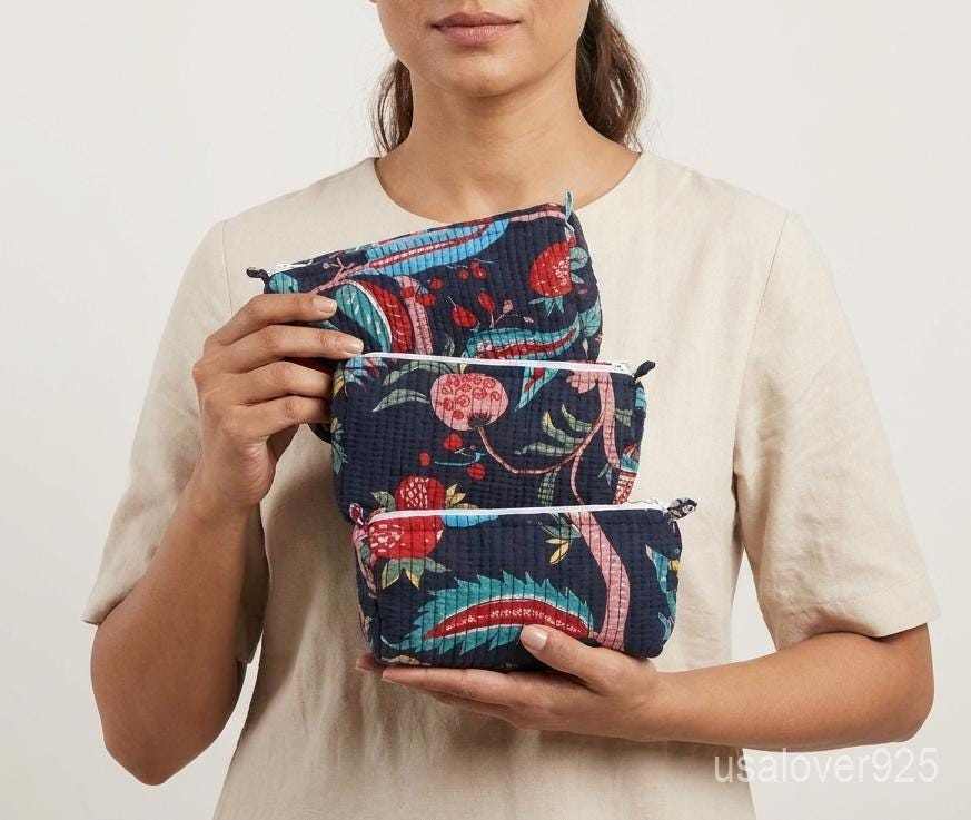Navy Blue Floral Quilted Cotton Toiletry Bags Set of 3 with Waterproof Lining