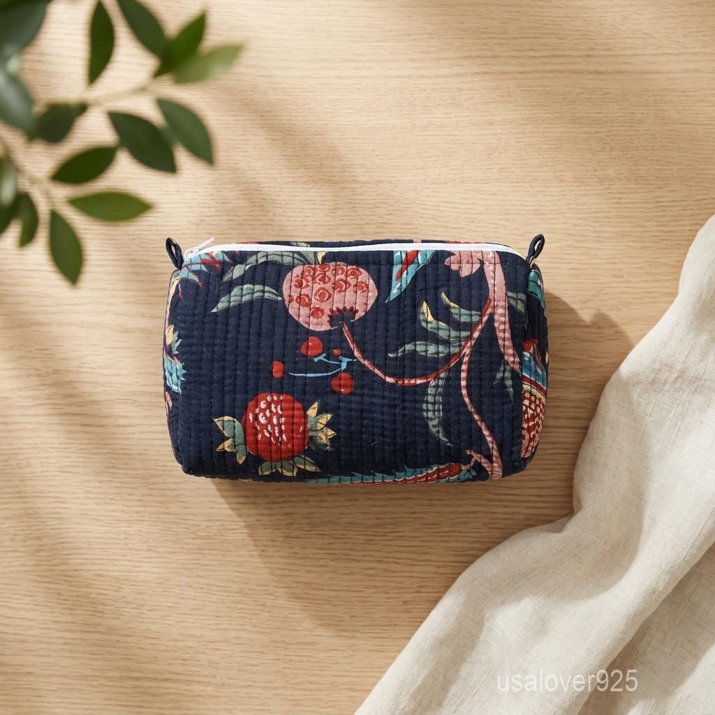 Navy Blue Floral Quilted Cotton Toiletry Bags Set of 3 with Waterproof Lining