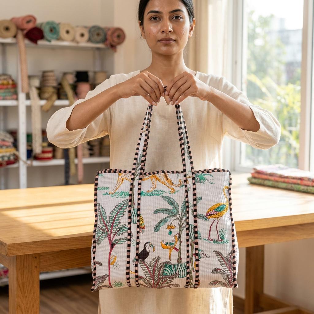 Quilted Jungle Safari Cotton Tote Bag Handmade Animal Print Shoulder Market Purse Gift Her