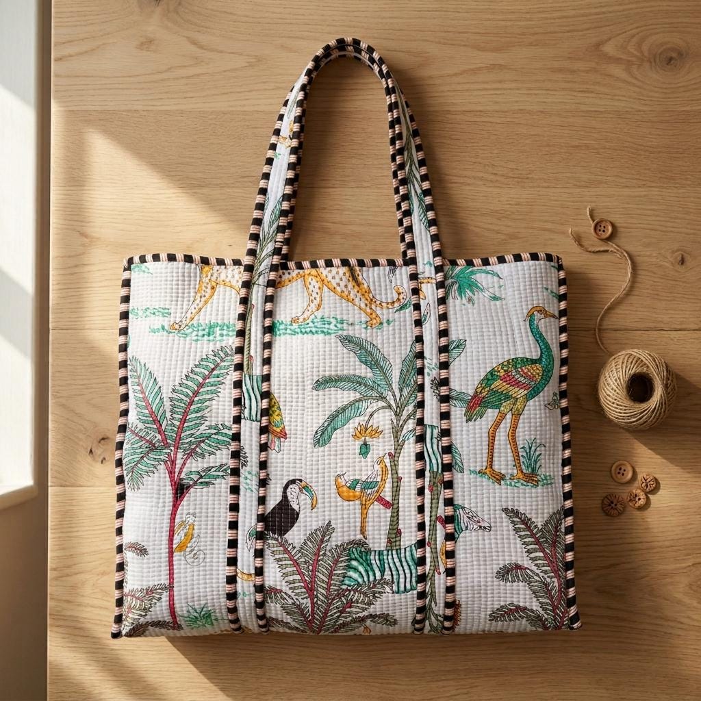 Quilted Jungle Safari Cotton Tote Bag Handmade Animal Print Shoulder Market Purse Gift Her