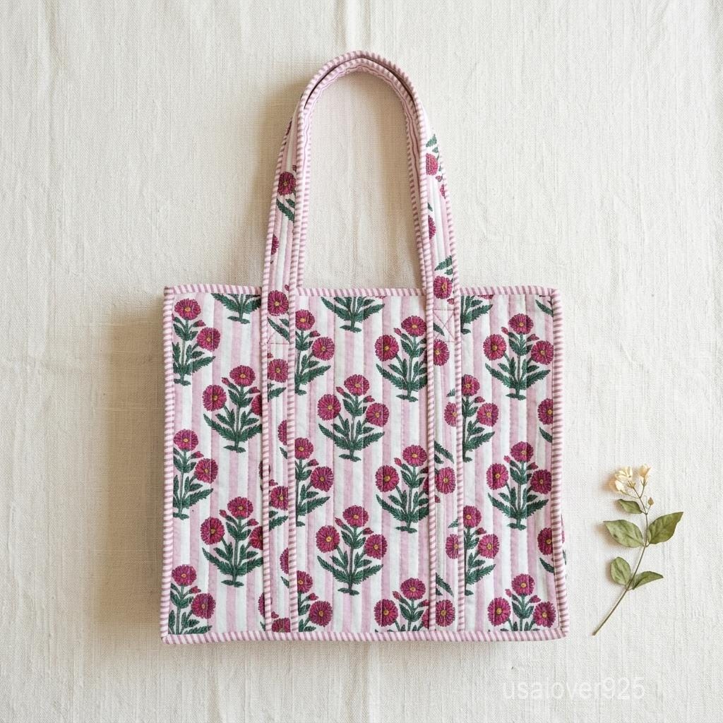 Pink Floral Quilted Tote Bag, Handmade Cotton Shoulder Market Bag